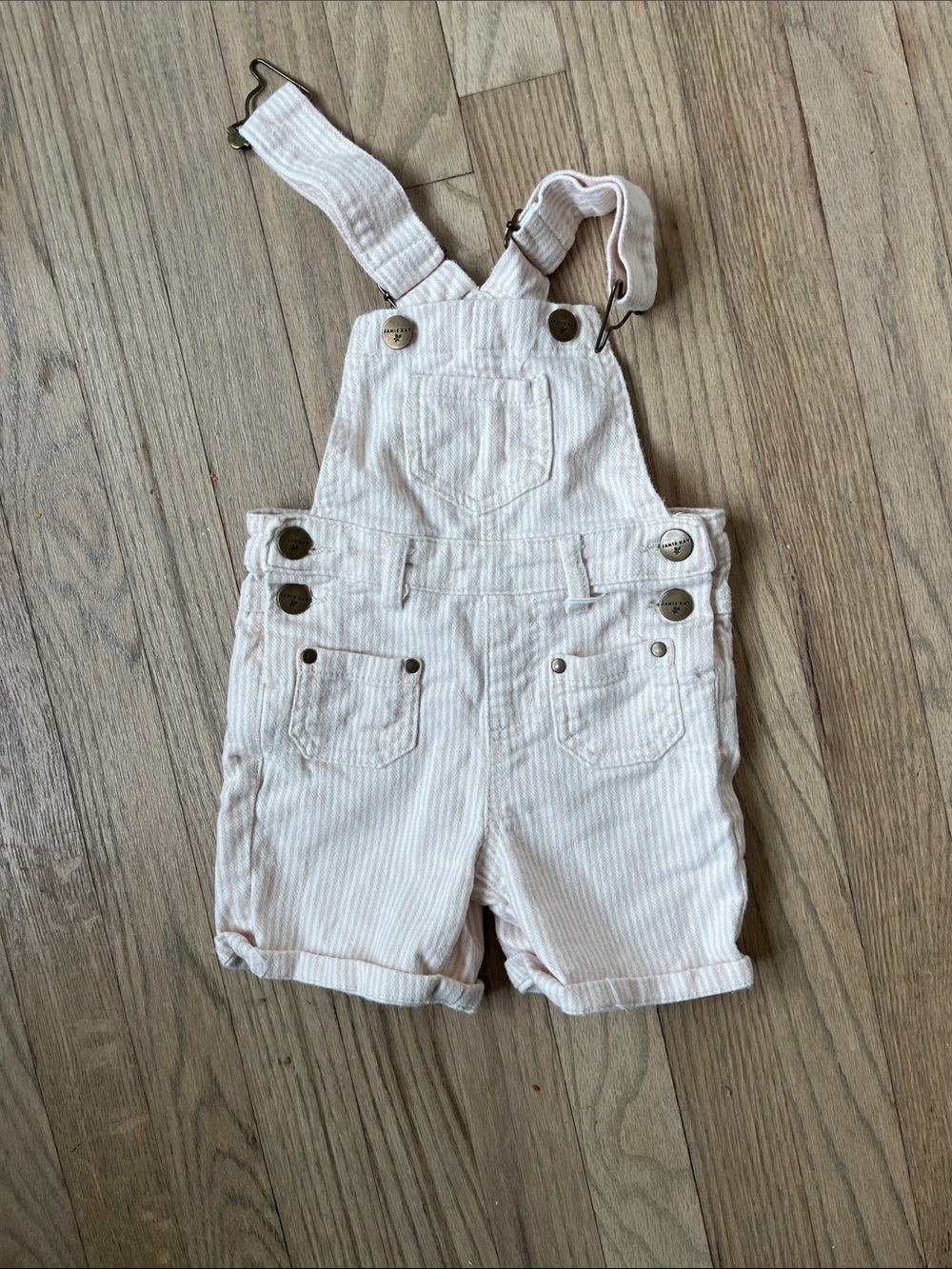 Jamie Kay Light Cream Pinstripe Short Overalls